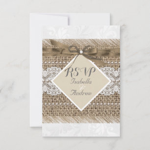 Convite RSVP Branca de Burlap Pearl do Colar Rustico Beige