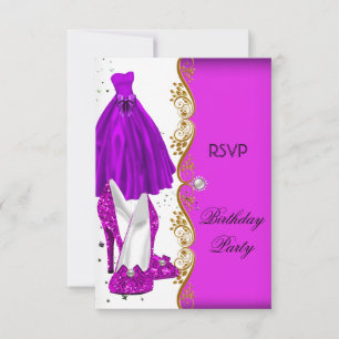 Convite RSVP Brilho Sapatos Rosa Roxo Vestido Dourado