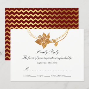 Convite RSVP Burgundy Maroon Floral Wreath Chevron Dourado