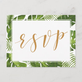 Convite RSVP — Cartão postal de ouro tropical e casamento