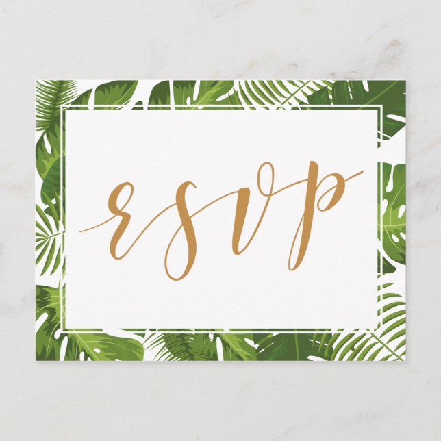 Convite RSVP — Cartão postal de ouro tropical e casamento  (Frente)
