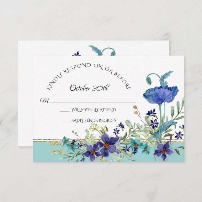 Convite RSVP Casamento Aqua Azul w Pãozinho Aquarela Flora (Frente/Verso)
