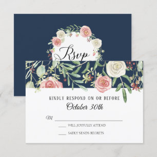 Convite RSVP Casamento Azul Bebê Marfim Rosa Folhagem Folh