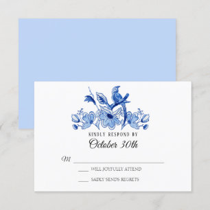 Convite RSVP Casamento Azul Claro Chinoiserie Floral Aquar