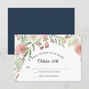Convite RSVP Casamento Azul Marinho Bege Rosas Floral