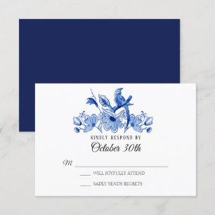 Convite RSVP Casamento Azul-Marinho Chinoiserie Floral Aqu