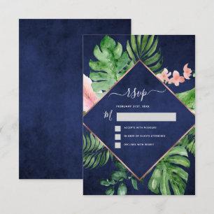 Convite RSVP Casamento Azul Naval Aquarela Palma Tropical