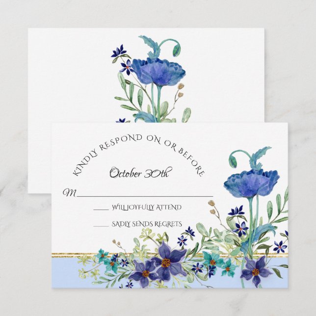 Convite RSVP Casamento Azul Pálido Papoila Aquarela Floral (Frente/Verso)