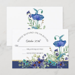 Convite RSVP Casamento Azul Papoula Foliagem Floral Aquare