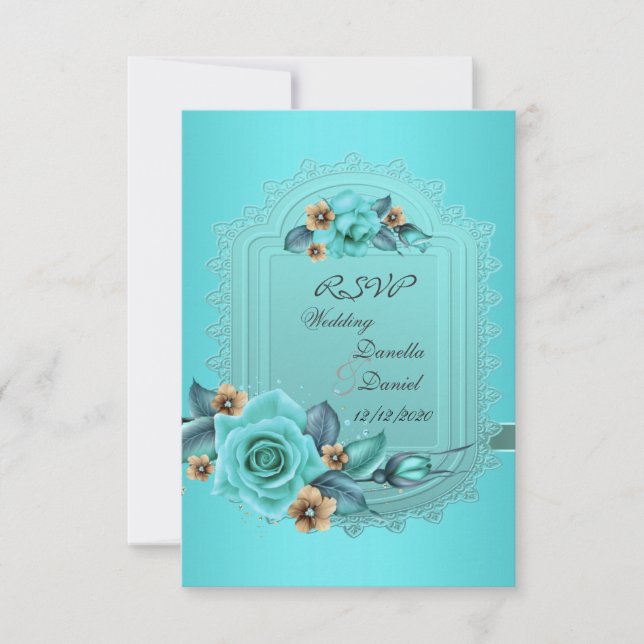 Convite RSVP Casamento Azul Turquesa Bege Rosas Flores 2 (Frente)