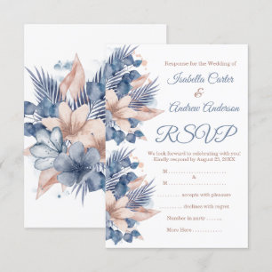 Convite RSVP Casamento Bege Azul Rosa Floral Branco Bege