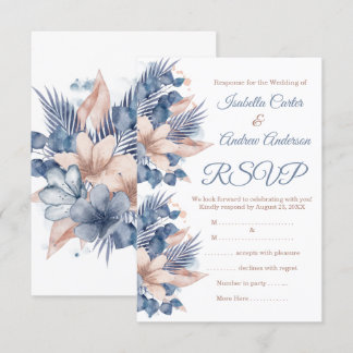 Convite RSVP Casamento Bege Azul Rosa Floral Branco Bege