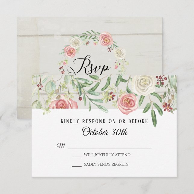 Convite RSVP Casamento Bege Rosa Blush Prancha de Madeira  (Frente/Verso)