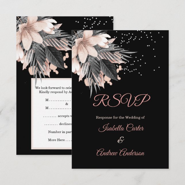 Convite RSVP Casamento Bege Rosa Carvão Floral (Frente/Verso)