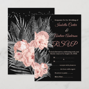 Convite RSVP Casamento Bege Rosa Carvão Floral Preto