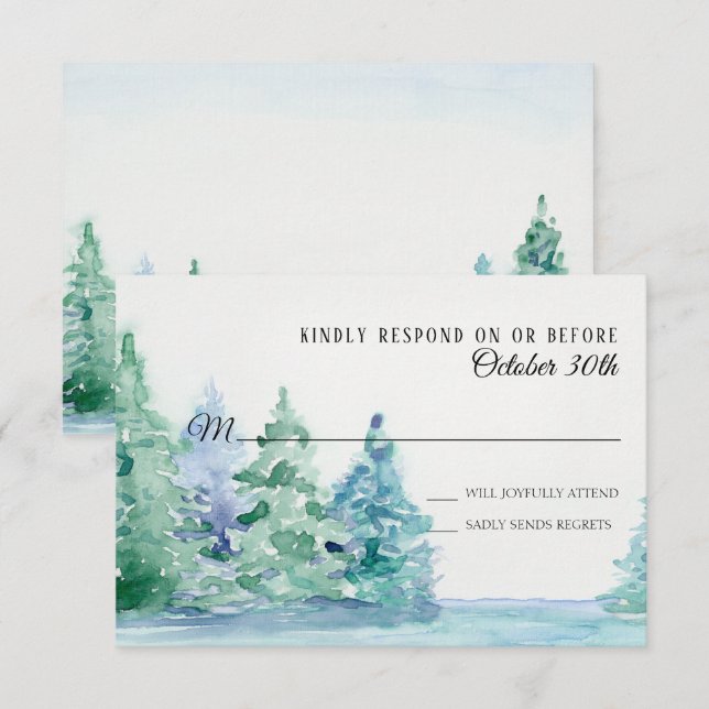 Convite RSVP Casamento Blue Lake w Árvores de Pinheiro (Frente/Verso)