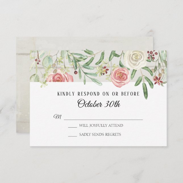 Convite RSVP Casamento Blush Ivory Rosa Rustic Plank (Frente/Verso)