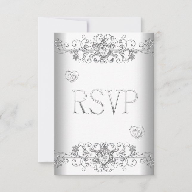 Convite RSVP Casamento Branco Puro Corações Brancos Diaman (Frente)