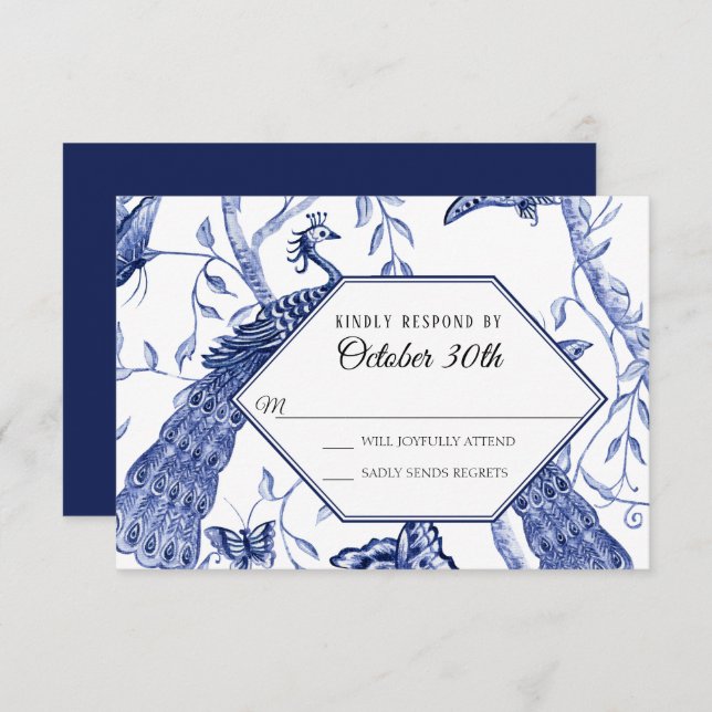 Convite RSVP Casamento Chinoiserie Azul-Marinho Pavão Borb (Frente/Verso)