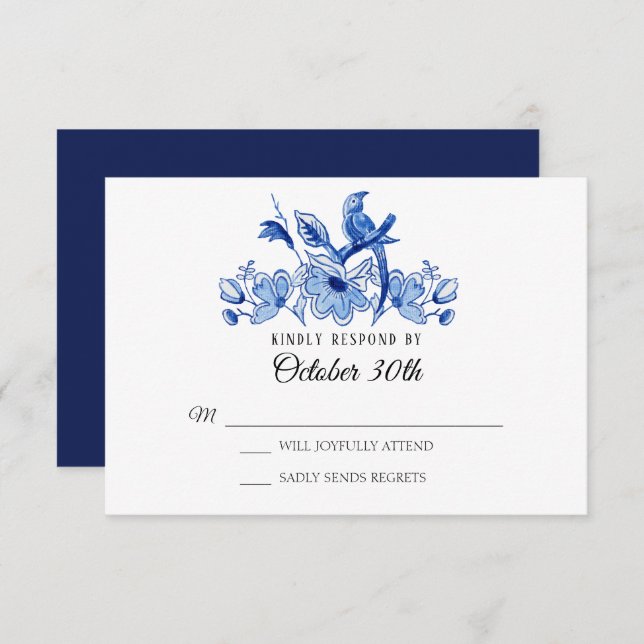 Convite RSVP Casamento Chinoiserie Floral Aquarela Azul Ma (Frente/Verso)