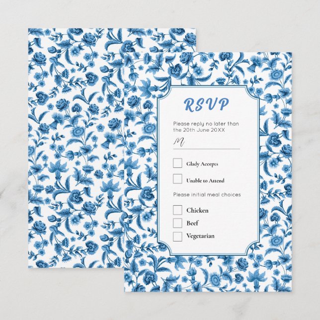 Convite RSVP Casamento Chintz Azul e Branco Ditsy Floral (Frente/Verso)