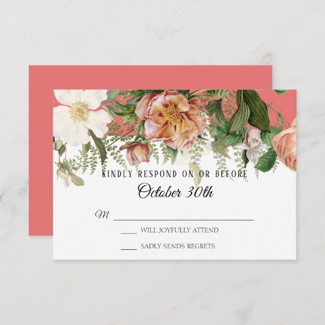 Convite RSVP Casamento Coral Blush Ivory Rosa Ferns (Frente/Verso)