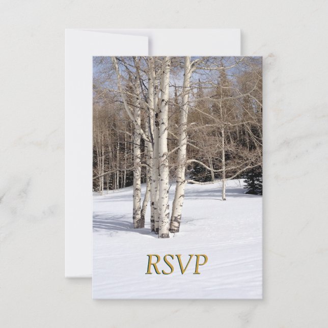 Convite RSVP Casamento de Inverno Árvores de Aspen na Neve (Frente)