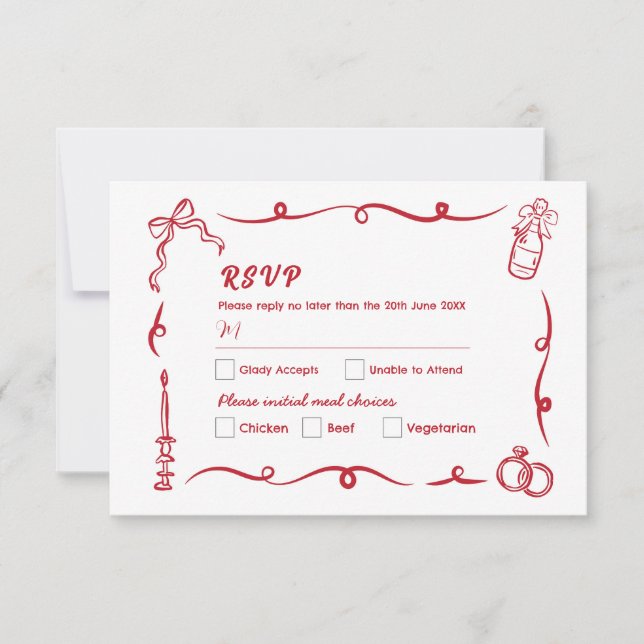 Convite RSVP Casamento de Mão Desenhado Vermelho Whimsical (Frente)