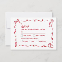 Convite RSVP Casamento de Mão Desenhado Vermelho Whimsical