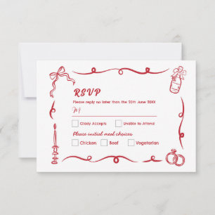 Convite RSVP Casamento de Mão Desenhado Vermelho Whimsical