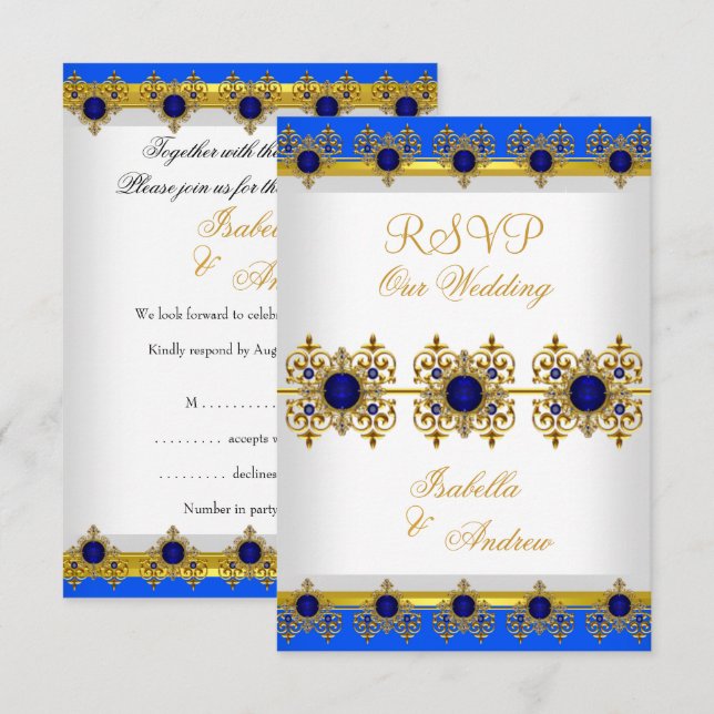 Convite RSVP Casamento Dourado Joia Azul Real Branco (Frente/Verso)
