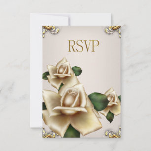 Convite RSVP Casamento Elegante Dourado Creme Rosas Bege
