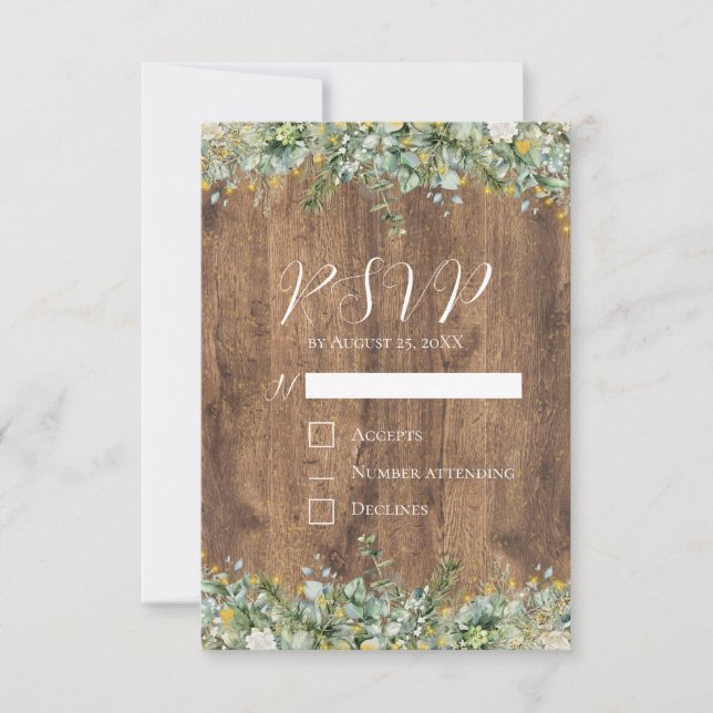 Convite RSVP Casamento Floral Branco & Eucalipto Dourado R (Frente)