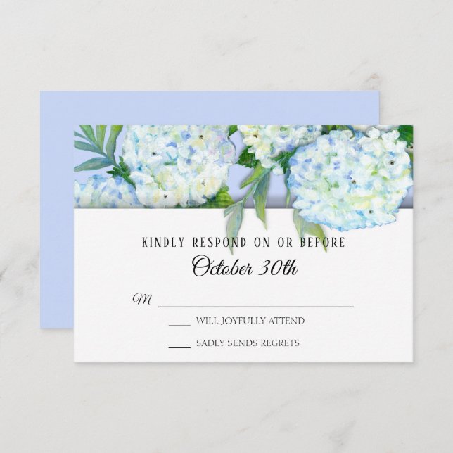 Convite RSVP Casamento Floral Hidrangeas Arte Azul Pervinc (Frente/Verso)