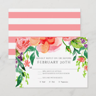 Convite RSVP Casamento Floral Listrado com Rosa em Aquarel