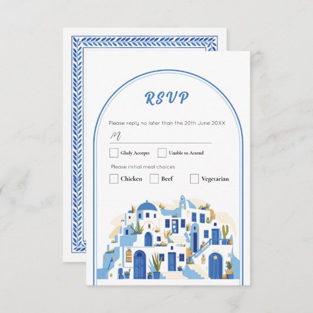 Convite RSVP Casamento Grego de Santorini Grécia Azul (Frente/Verso)