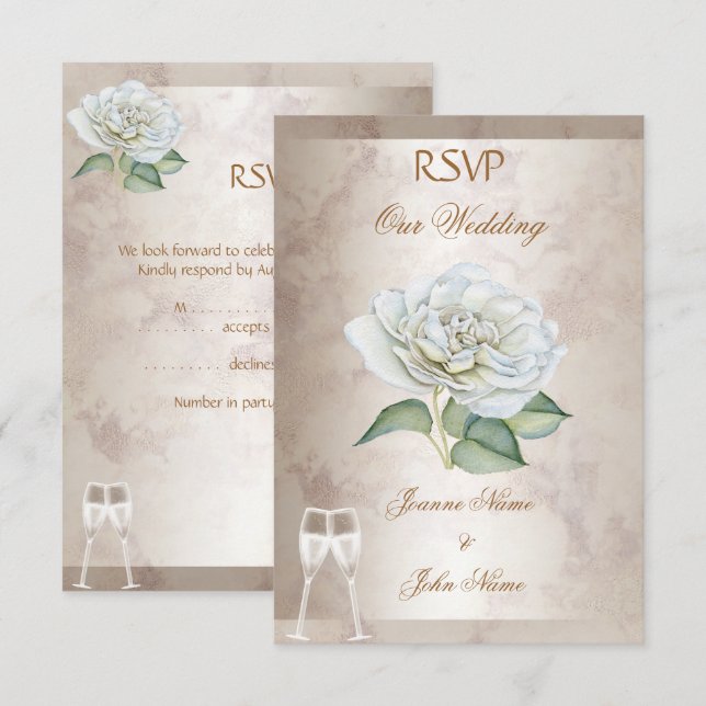 Convite RSVP Casamento Mármore Rosa Creme Branco Champanhe (Frente/Verso)