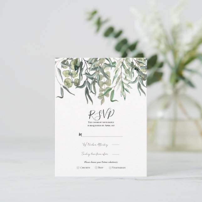 Convite RSVP Casamento Minimalista com Folhagem de Eucalip (Em pé/Frente)