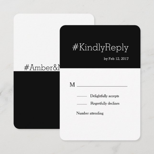 Convite RSVP casamento moderno preto branco chic com hasht (Frente/Verso)
