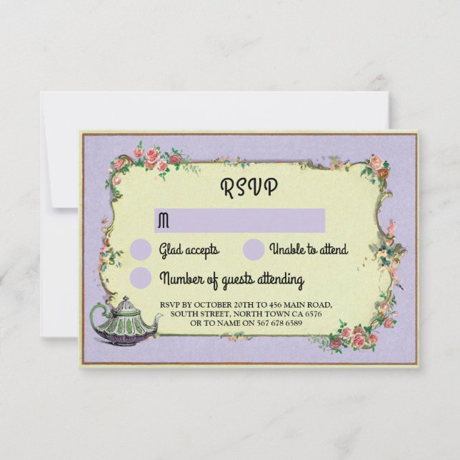 Convite RSVP Casamento Mundo das Maravilhas Bule Flores Ro (Frente)