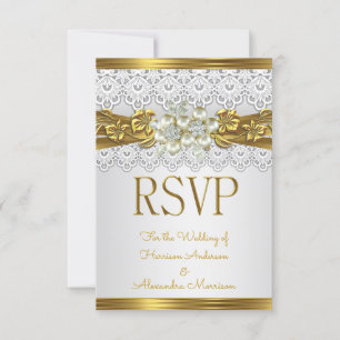 Convite RSVP Casamento Pérola Branca Renda Dourada Floral 
