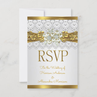 Convite RSVP Casamento Pérola Branca Renda Dourada Floral 