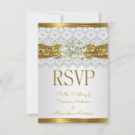 Convite RSVP Casamento Pérola Branca Renda Floral Dourada