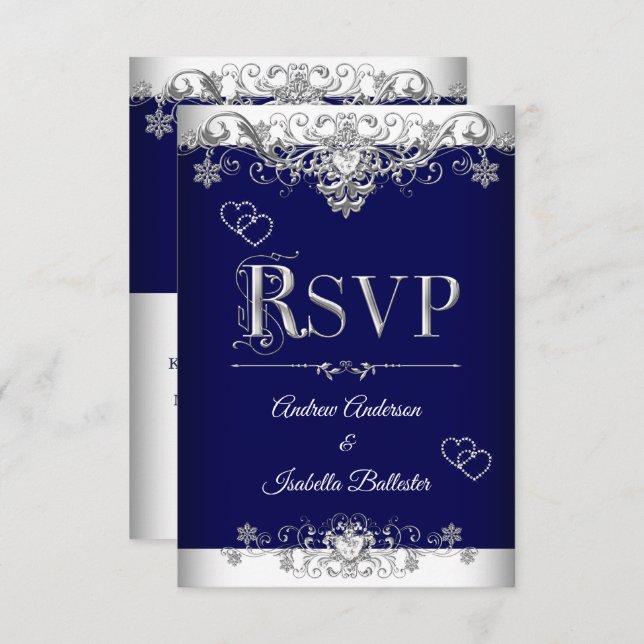 Convite RSVP Casamento Real Blue Silver Diamond Hearts (Frente/Verso)