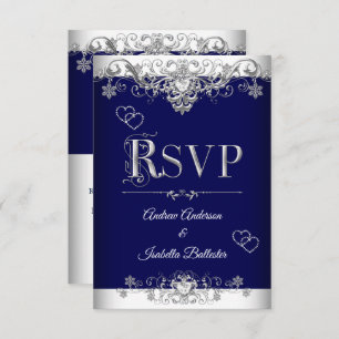 Convite RSVP Casamento Real Blue Silver Diamond Hearts