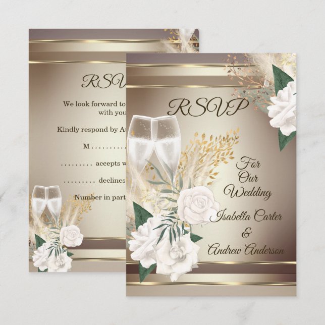 Convite RSVP Casamento Rosa Branca Champanhe Dourado Bronz (Frente/Verso)