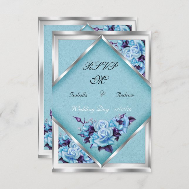 Convite RSVP Casamento Rosas Roxas e Azul-turquesa Buquê d (Frente/Verso)