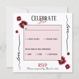 Convite RSVP celebra o amor e as flores vermelhas