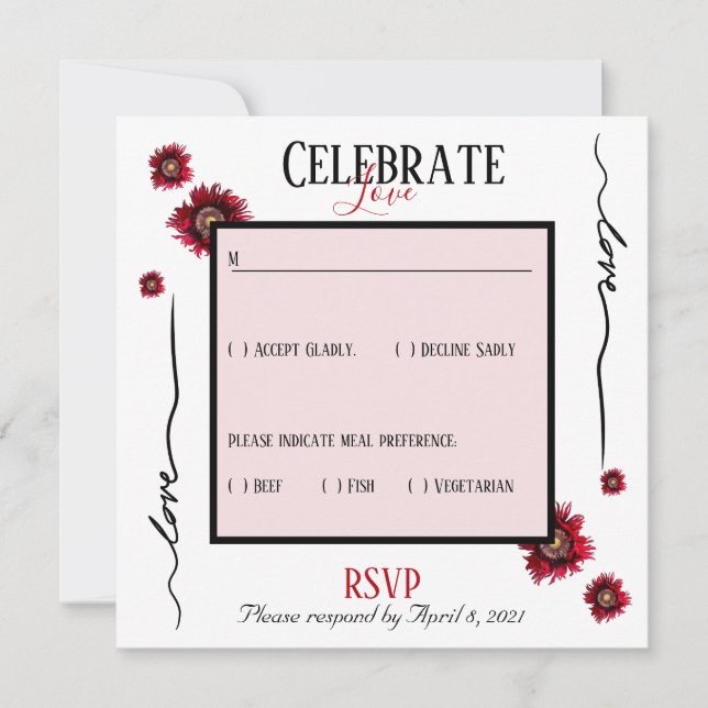 Convite RSVP celebra o amor e as flores vermelhas (Frente)