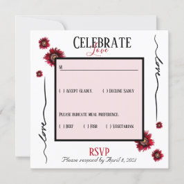 Convite RSVP celebra o amor e as flores vermelhas